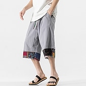 cheap Home-Men&#039;s Linen Shorts Capri Pants Patchwork Drawstring Elastic Waist Plain Comfort Breathable Outdoor Daily Going out Linen / Cotton Blend Fashion Casual Black Dark Blue