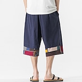 cheap Home-Men&#039;s Linen Shorts Capri Pants Patchwork Drawstring Elastic Waist Plain Comfort Breathable Outdoor Daily Going out Linen / Cotton Blend Fashion Casual Black Dark Blue