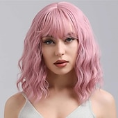 billige Syntetiske trendy parykker-syntetisk parykk bølget bob nett bang parykk middels lang blondt syntetisk hår kvinners blonde svarte burgunder barbiecore parykker
