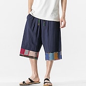 cheap Home-Men&#039;s Linen Shorts Capri Pants Patchwork Drawstring Elastic Waist Plain Comfort Breathable Outdoor Daily Going out Linen / Cotton Blend Fashion Casual Black Dark Blue