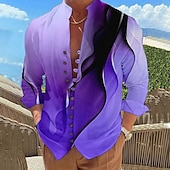 preiswerte Geometrische Muster-Herren Farbverlauf Geometrisches Muster Linear Hemd Knopfhemd Langarm Mode Designer Lässig Urlaub Täglich Ausgehen Herbst Frühling &amp; Sommer Stehkragen Druck Gelb Rote Blau Purpur Grün