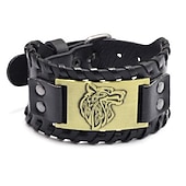 preiswerte Zubehör und mehr-Breites Wikinger-Armband, antikes Silber, Wolfskopf-Muster, Armreif, PU-Manschette, Retro-Vintage-Mittelalter, für Männer und Frauen
