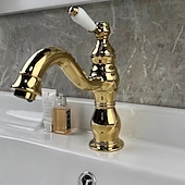 abordables Robinets de lavabo-robinet de salle de bain évier mélangeur robinets de lavabo montés sur le pont, vasque de salle de bain eau robinet en laiton monocommande un trou chrome doré