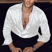 preiswerte Satinhemden für Herren-Herren Hemd Satinhemd Lässiges Hemd Knopfhemd Glatt Hochzeit Urlaub Schwarz Weiß Wein Blau Langarm Umlegekragen Sommer Frühling &amp; Herbst Bekleidung