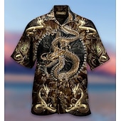 voordelige Dierenprint-Voor heren Draak Overhemd Overhemd met knopen Korte mouw Tropisch Modieus Hawaii Casual Feestdagen Strand Zomer Lente Strijkijzer Afdrukken Button-omlaag Zwart Wit Bruin Khaki