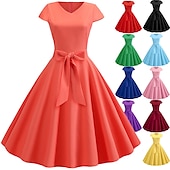 tanie Sukienki-Retro / vintage Lata 50. Sukienka z linii Rockabilly Sukienka huśtawka Krótki kimonowy Łuk Równina W serek Strój na bal maskowy Damskie Bal maskowy Spotkanie towarzyskie Herbaciane przyjęcie Codzienne