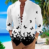 billiga Fåglar &amp; Djur-Herr Fjäril Skjorta Hawaii skjorta Aloha skjorta Långärmad Skjorta Hög krage Mode Designer Ledigt Utomhus Semester Gata Svart Vit + Svart Vit S M L