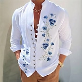 billiga Blommönster-Herr Mörk Skjorta Aloha skjorta Långärmad Mode Designer Ledigt Semester Dagligen Utekväll Höst Vår &amp; sommar Hög krage Mönster Svart Gul Svart / Röd Armégrön Rubinrött
