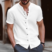 cheap Street-Men&#039;s Shirt Linen Shirt Band Collar Shirt Summer Shirt Beach Wear Button Up Shirt Plain Vacation Casual Black White Blue Khaki Short Sleeve Band Collar Summer Clothing Apparel