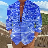 voordelige Oceaan afdrukken-Voor heren Golven Zeegezichtpatroon Overhemd Hawaiiaans overhemd Aloha-shirt Lange mouw Overhemd Opstaand Modieus Ontwerper Casual Buiten Vakantie Straat Rood Marine Blauw blauw S M L