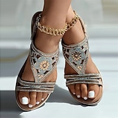 economico Infradito da Vacanza-sandali da donna bohémien con strass – sandali piatti vintage glamour con perline e motivo floreale cavo per la spiaggia e l&#039;estate
