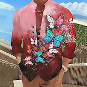 billiga Fåglar &amp; Djur-Herr Fjäril Skjorta Hawaii skjorta Aloha skjorta Långärmad Skjorta Hög krage Mode Designer Ledigt Utomhus Semester Gata Blågrön Rubinrött Blå S M L