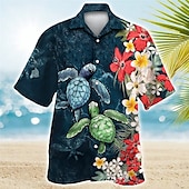 olcso Ocean Print-Férfi Trópusi virágok Totem Teknősök Ing Hawaii ing Aloha ing Rövid ujjú Ing Kubai nyakörv Sportok Divat Utcai sikk Szabadtéri Hétköznapi Hawaii Sötétkék Medence Bíbor S M L