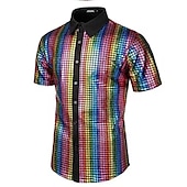 ieftine Topuri-cămăși disco pentru bărbați din anii &#039;70 paiete metalice cămăși cu mânecă scurtă cu butoni în jos costum retro vintage anii 1970 performanță petrecere scenă halloween