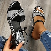 economico Sandali Casual-sandali con zeppa neri da donna – scarpe slip-on con cinturini e strass scintillanti per l&#039;estate, abbigliamento casual e da festa