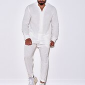 economico Set di camicie basic da uomo-Per uomo 2 pezzi Completo di camicia Camicia estiva Camicia da spiaggia Nero Bianco Beige Manica lunga Liscio Colletto alla coreana Primavera estate Hawaiano Per eventi Abbigliamento Tasche