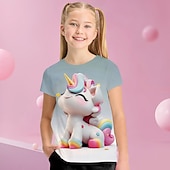 billige Jentes 3D-tegneserie-Jente 3D Grafisk Tegneserie enhjørning T skjorte T-skjorte Kortermet 3D-utskrift Sommer Vår Aktiv Mote søt stil Polyester Barn 3-12 år utendørs Avslappet Daglig Normal