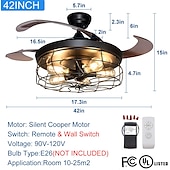 cheap Ceiling Fan Lights-Ceiling Fan with Lights-42&quot; Industrial Ceiling Fan with Retractable Blades, 3/6-Speed ControlVintage Cage Ceiling Light Fixture with Remote for Kitchen, Dining Room, Living Room E26 Black