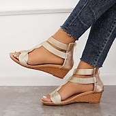 billige Sandaler til kvinner-Damesandaler med gullfarget elastisk stropp, flettet design og glidelåslukking, komfortable sommersko med åpen tå for fritidsbruk, reiser og fester.