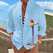 voordelige Vogels &amp; Dieren-Voor heren Papegaai Overhemd Hawaiiaans overhemd Aloha-shirt Lange mouw Overhemd Opstaand Modieus Ontwerper Casual Buiten Vakantie Straat Wit blauw Blauw / Wit S M L