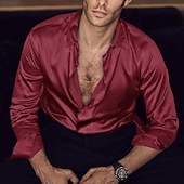 preiswerte Satinhemden für Herren-Herren Hemd Satinhemd Lässiges Hemd Knopfhemd Glatt Hochzeit Urlaub Schwarz Weiß Wein Blau Langarm Umlegekragen Sommer Frühling &amp; Herbst Bekleidung