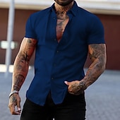 preiswerte Herrenhemd zum Knöpfen-Herren Hemd Sommerhemd Freizeithemd Knopfhemd Hemden zum Herausstecken Schwarz Weiß Gelb Rosa Dunkelmarine Kurzarm Einfach Umlegekragen Urlaub Straße Bekleidung Baumwolle Baumwollmischung Mode Lässig