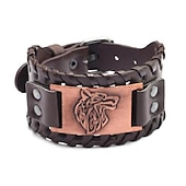 preiswerte Zubehör und mehr-Breites Wikinger-Armband, antikes Silber, Wolfskopf-Muster, Armreif, PU-Manschette, Retro-Vintage-Mittelalter, für Männer und Frauen