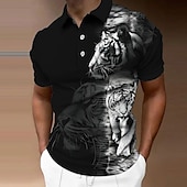 billige Dyretrykkpolo for menn-Herre Tiger Poloskjorter Golf skjorte Kortermet Poloskjorter Skjorter med krage Fritid Morsom Gateklær Ferieklær Festantrekk Knapper 3D-utskrift Svart Kakifarget