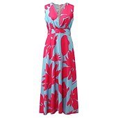 cheap Vacation Dresses-Women&#039;s Casual Dress Swing Dress Long Dress Maxi Dress Blue Light Green Fuchsia Sleeveless Floral Print Spring Summer V Neck 2023 S M L XL XXL