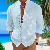 billiga Fåglar &amp; Djur-Herr Fjäril Skjorta Hawaii skjorta Aloha skjorta Långärmad Skjorta Hög krage Mode Designer Ledigt Utomhus Semester Gata Svart Vit + Svart Vit S M L