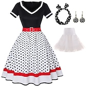 preiswerte Outfits-Retro Vintage 1950er Jahre Grease Outfits Rockabilly Petticoat Hoops Rock A-Linien Kleid Tutu Polka Dot Schickes Kleid Damen Party  Abend Maskerade Erwachsenen Kleid Ohrringe Kopfschmuck Frühling