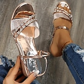 economico Sandali Casual-sandali con zeppa neri da donna – scarpe slip-on con cinturini e strass scintillanti per l&#039;estate, abbigliamento casual e da festa