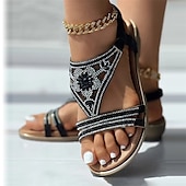 economico Infradito da Vacanza-sandali da donna bohémien con strass – sandali piatti vintage glamour con perline e motivo floreale cavo per la spiaggia e l&#039;estate