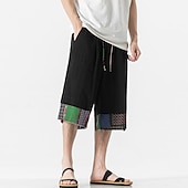 cheap Home-Men&#039;s Linen Shorts Capri Pants Patchwork Drawstring Elastic Waist Plain Comfort Breathable Outdoor Daily Going out Linen / Cotton Blend Fashion Casual Black Dark Blue