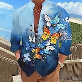 billiga Fåglar &amp; Djur-Herr Fjäril Skjorta Hawaii skjorta Aloha skjorta Långärmad Skjorta Hög krage Mode Designer Ledigt Utomhus Semester Gata Blågrön Rubinrött Blå S M L