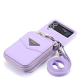 baratos Capa Samsung-Capa de Telefone Para Samsung Galaxy Z Flip 6 Z Flip 5 Z Flip 4 Z Flip 3 Capa de Carteira Portátil Com Zíper Slot para Cartão Colorido Sólido PC Couro PU