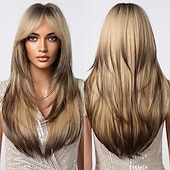 tanie Peruki syntetyczne modne-Blond brązowe peruki ombre dla czarnych kobiet długie warstwowe proste peruki z grzywką peruki syntetyczne naturalne włosy do codziennego użytku imprezowego peruki barbiecore