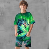 halpa Poikien 3D Eläimet-Poikien 3D Kuvitettu Eläin Lohikäärme T-paita ja shortsit T-paitasetti Vaatesetti Lyhythihainen 3D-tulosteet Kesä Kevät Aktiivinen Urheilu Muoti Lapset 3-13 vuotta ulko- Loma Katu Normaali