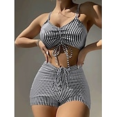 cheap Vintage Swimwear-2 pcs Swimwear Bikini Swimsuits Y2K Women&#039;s Striped Polyester Black Blue Bra Briefs