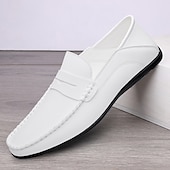 cheap Casual-Men&#039;s White Faux Leather Loafers – Casual Slip-On Driving Shoes for Business &amp; Summer Wear