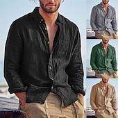 voordelige Vakantie-Voor heren Overhemd Linnen overhemd Zomer overhemd Strand hemd Overhemden zonder broek Effen Kleur Buiten Vakantie Zwart Bruin Groen Khaki Lange mouw Strijkijzer Lente &amp; Herfst Kleding Button-omlaag