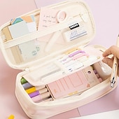cheap Pencil Cases &amp; Holders-Multifunctional Cosmetic Bag Macaroon Big Capacity Double-layer Canvas Pencil Case Travel Storage Pouch School Supplies, Back to School Gift