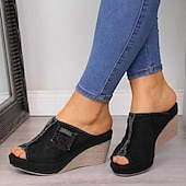 billiga Avslappnade sandaler-damsandaler med kil i jeans – design med öppen tå med sliten fåll och fickdetalj, lediga slip-on mulor för vardagsbruk