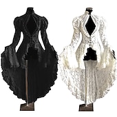 cheap Outerwear-Lace Ruffle Tailcoat Medieval Renaissance Vintage Dress Women&#039;s Costume Vintage Cosplay Party Long Sleeve Dress Masquerade