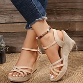 billiga Kilklackssandaler-Beige kilklackade sandaler med flätad platåsula och fotledsrem för kvinnor, sommarskor med öppen tå för semester, strand, boho-outfits och vardagskläder
