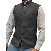 preiswerte Men&#039;s Vest-Herren Weste Nehru-Jacke Urlaub Alltagskleidung Ausgehen Mode Basic Frühling &amp; Herbst Knöpfe Polyester Bequem Einfach Einreihig Stehkragen Normale Passform Silber Wein Schwarz Blau Weste