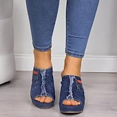 billiga Avslappnade sandaler-damsandaler med kil i jeans – design med öppen tå med sliten fåll och fickdetalj, lediga slip-on mulor för vardagsbruk