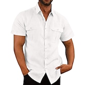 cheap Business Casual-Men&#039;s Shirt Linen Shirt Summer Shirt Beach Shirt Solid Color Vacation Daily Black White Navy Blue Blue Short Sleeve Turndown Spring Autumn / Fall Clothing Apparel Button-Down