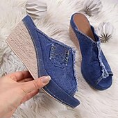 billiga Avslappnade sandaler-damsandaler med kil i jeans – design med öppen tå med sliten fåll och fickdetalj, lediga slip-on mulor för vardagsbruk