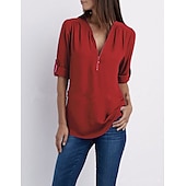 voordelige Dames eenvoudige tops-damesblouse overhemd rits basic effen dagelijks v-hals t-shirt mouw normaal zomer wit zwart roze grijs donkerblauw